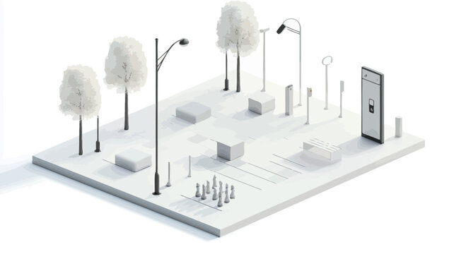 Isometric 3D rendering of a collection of streetlights, benches, and stylized trees arranged on a white surface. The style is minimalist and clean, with all elements rendered in varying shades of