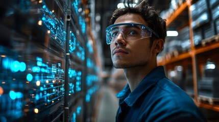 A worker wearing safety glasses inspects inventory in a well organized warehouse. The environment highlights technology integration in logistics and distribution efforts.