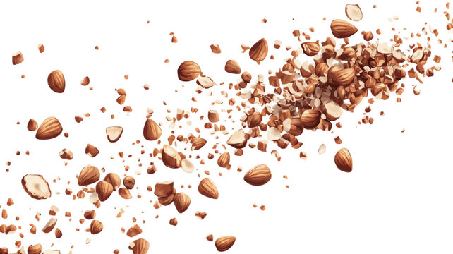 The image shows numerous hazelnut pieces and fragments against a pure white background. The hazelnuts are various sizes, from whole to small pieces, suggesting a burst or explosion. They are light