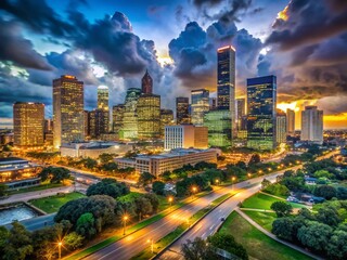 Fototapeta premium Houston Texas Skyline Night Photography - Dramatic Low Light Cityscape