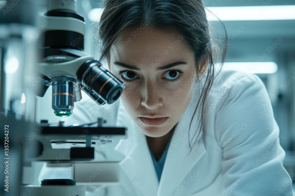 Aufkleber A focused female scientist intensely examines a sample under a high-powered microscope in a laboratory setting.