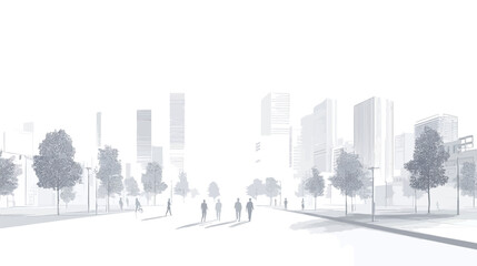 Naklejka premium The image presents a minimalist grayscale depiction of a cityscape shrouded in fog or mist. The color palette is predominantly white and light gray, creating a hazy atmosphere. Silhouetted