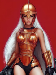 A fierce character in a metallic bronze suit and helmet, featuring long white hair, set against a vibrant red background.