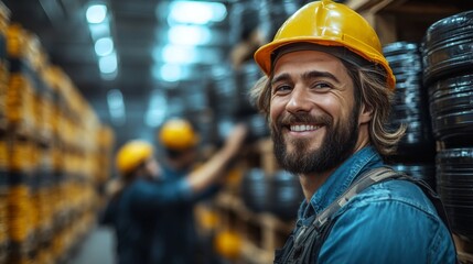 Staff members actively engage in inventory management within a spacious logistics center, surrounded by stacked cargo and storage systems in a busy environment.