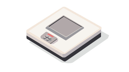 Isometric illustration of a digital scale. The scale is depicted in a white square base with a gray top surface that appears to be the weighing platform.  There is a small control panel with