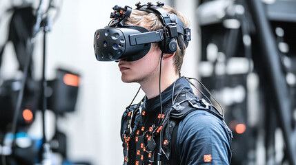 Motion capture specialist wearing virtual reality headset and motion capture suit working in a studio
