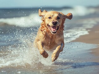 Happy dog running through water with its mouth open and tongue out and ears flying in the air.