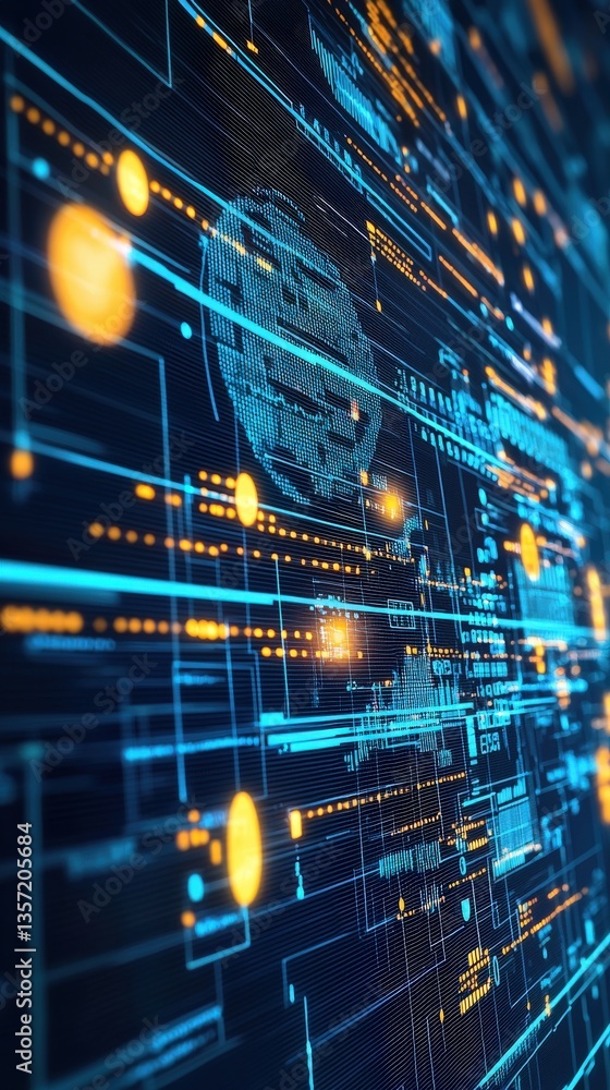 Poster futuristic digital interface with patterns and data flow in blue