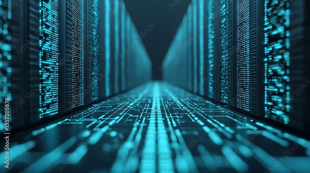 Poster futuristic data center server room corridor with glowing digital code