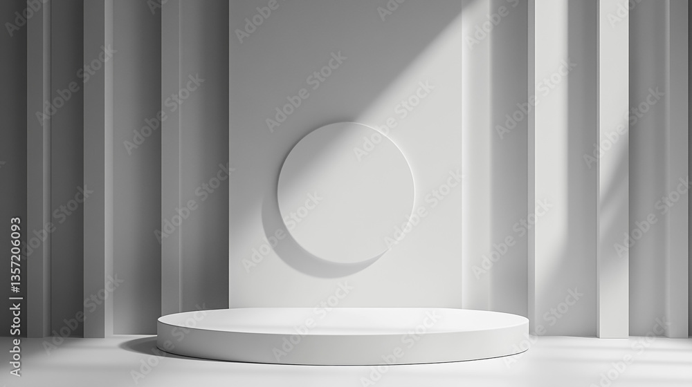Poster a minimalist white product podium with circular backdrop and geometric pillar background design elem