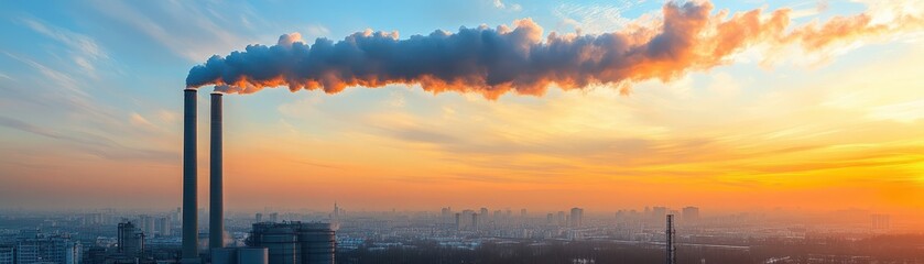 Naklejka premium Smoke billowing from industrial factory, environmental impact and sustainability concerns