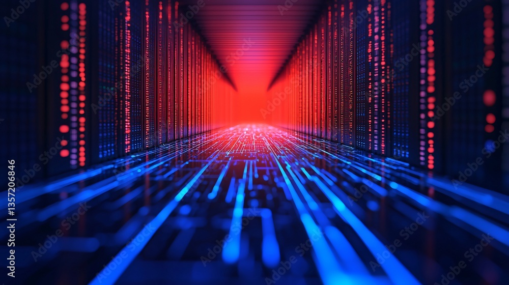 Poster futuristic data center corridor red and blue digital server racks and network lines