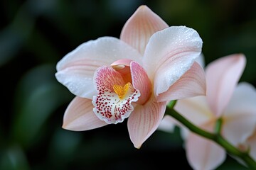 Fototapeta premium A soft pink orchid reveals intricate details with its vibrant colors and textures, showcasing the artistry of nature through its delicate structure and design.