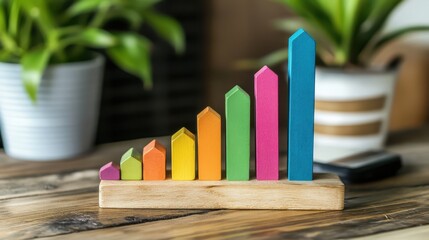 Colorful building model on a wooden block, architectural design and urban development concept