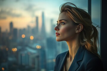 Fototapeta premium A woman gazes pensively at a city skyline during a captivating sunset.