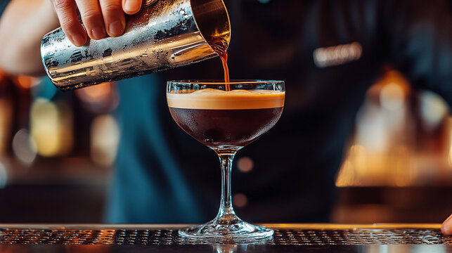 Pouring a Rich Espresso Martini. A close-up of a bartender in a sleek black uniform, pouring a velvety espresso martini into a chilled coupe glass