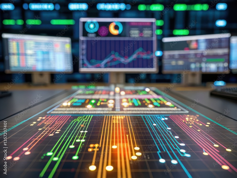 Aufkleber policy affects economic risk and exchange rates concept. futuristic data visualization on screens in