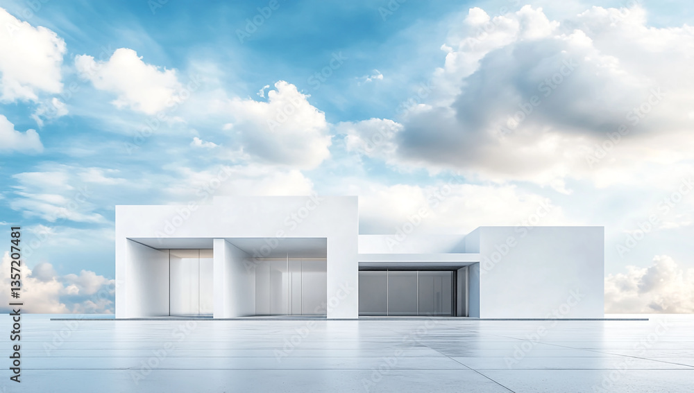 Poster abstract white architectural background with open doors and windows against a blue sky with clouds.