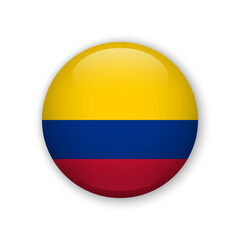 Realistic glass button with flag of Colombia. 3d vector element with shadow For mobile apps UI and web.