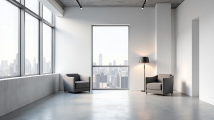 Fototapeta premium Minimalist Interior With City View Armchairs