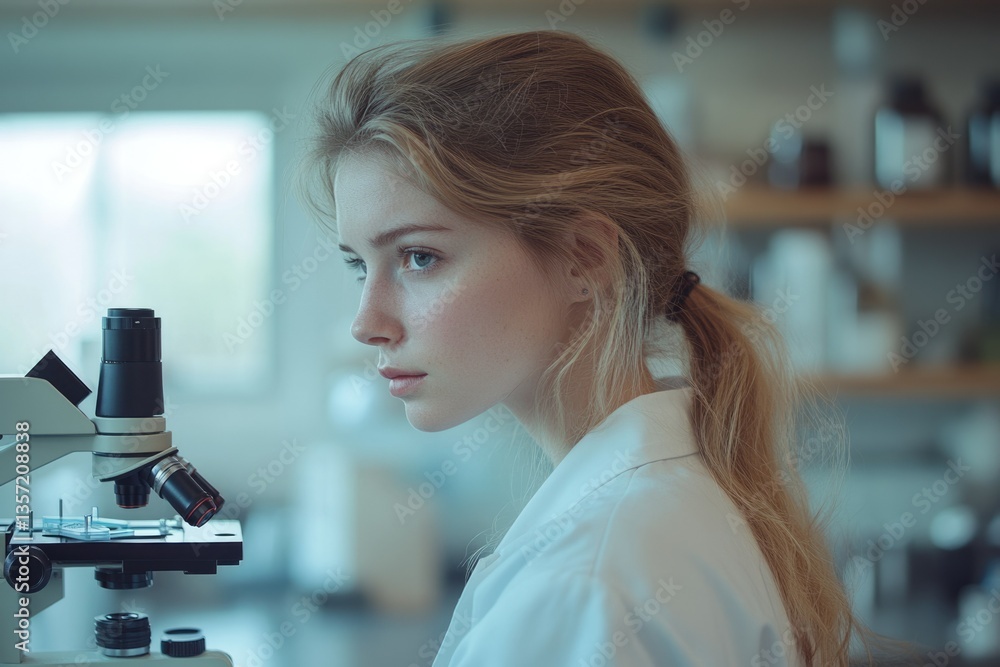 Aufkleber a young female scientist intently observes through a microscope in a laboratory setting.