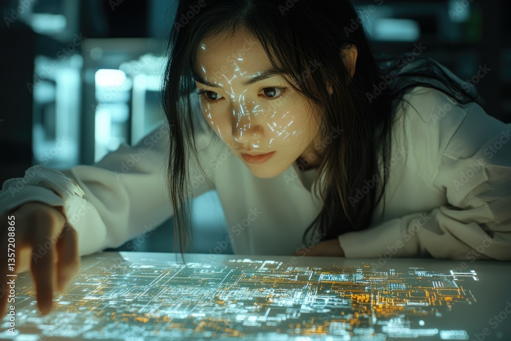 Poster a woman with futuristic face projection intently examines a glowing digital interface.