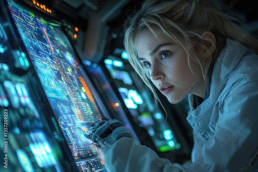 Poster A young woman intently interacts with a futuristic, high-tech control panel, analyzing complex data streams.