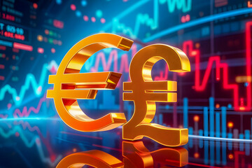 Currency symbols - Euro and Pound Sterling in a futuristic digital space with bright neon blue and orange accents against a background of glowing lines and graphs