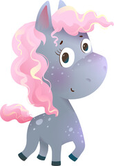Cute Cartoon Baby Pony Character with Pink Mane and Friendly Expression. Adorable dream pink pony animal for children, character design for kids. Vector character clip art cartoon illustration.