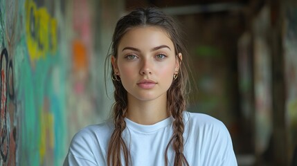 Young woman with braids, urban backdrop