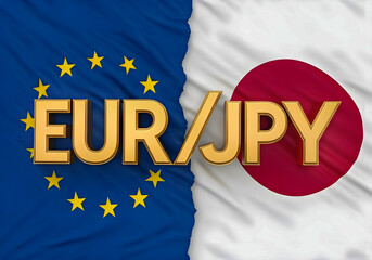 Gold volumetric letters EUR/JPY against the background of the EU and Japanese flags. Currency market. Finance