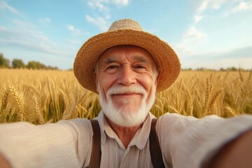 Fototapeta premium Elderly farmer smiling with barley field in background