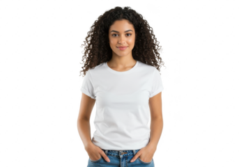 Young pretty woman standing with hands in pockets, wearing blank white t-shirt isolated on White background PNG transparent background