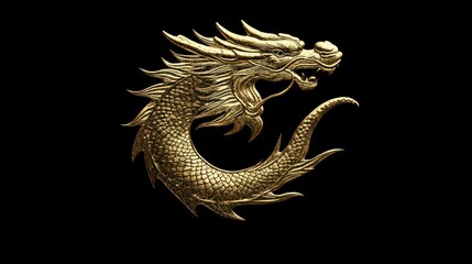 Golden dragon emblem on black background. Detailed 3D model of a majestic dragon, intricately sculpted with scales and sharp features, coiled in a dynamic posture