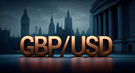 Dimensioned letters from tarnished bronze GBP/USD against the background and architectural symbols of London. Finance, investment and currency market concept.