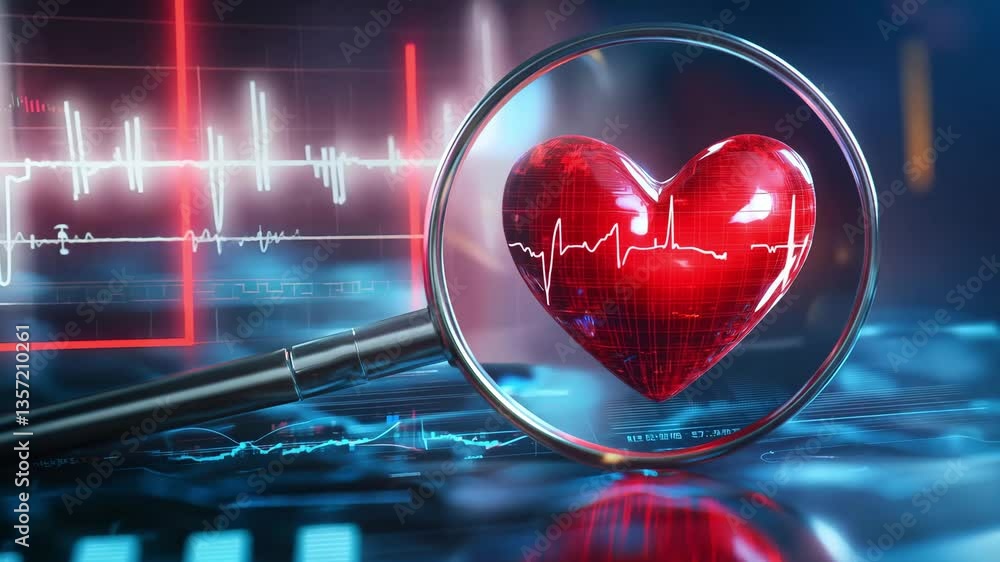 Poster a close up view of a heart graphic highlighted by a magnifying glass, accompanied by health data on 