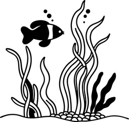 Obraz premium Black fish swimming among seaweed underwater marine life in simple black and white illustration