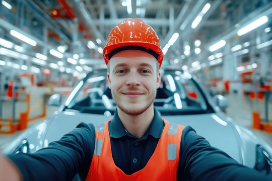 Engineer taking selfie in modern electric vehicle production facility