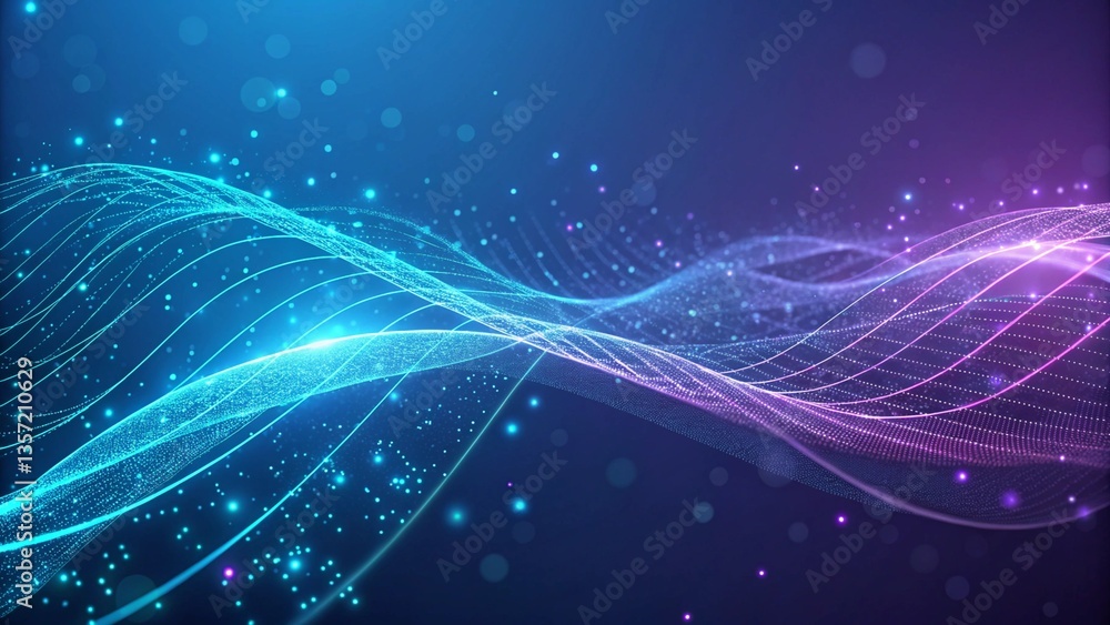 Poster background with glowing light blue and green lines, particles of data flowing in the air. abstract t