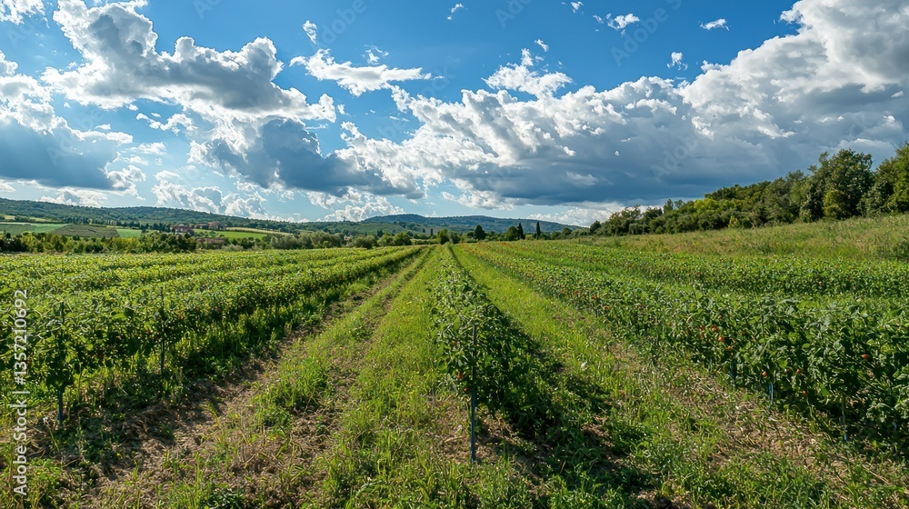 Poster a countryside view with fields of cherry tomatoes growing under a sunny sky