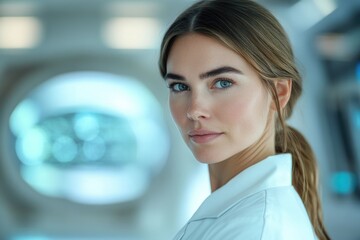 Fototapeta premium A young female scientist looks over her shoulder, serious expression, in a modern lab setting.