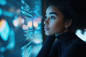 A young woman intensely focuses on lines of code displayed on a large screen, showcasing her dedication and skill in software development.