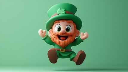 Joyful Cartoon Leprechaun Jumping on Green Background