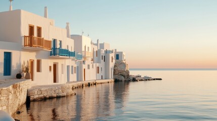 Obraz premium Calm sunset over the Mediterranean with serene coastal views and picturesque white buildings along the shoreline