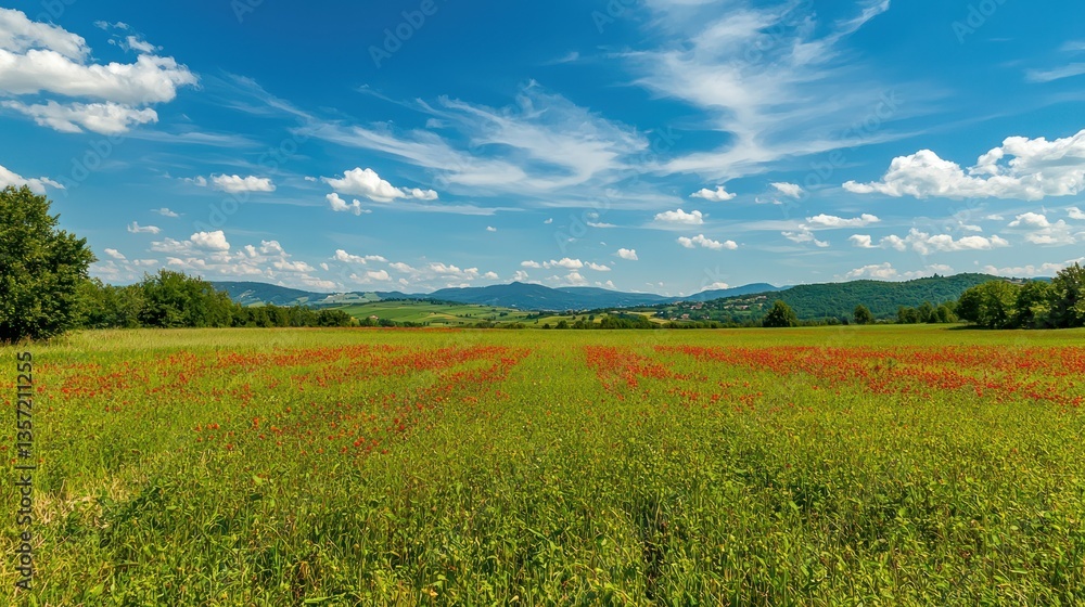 Poster a countryside view with fields of cherry tomatoes growing under a sunny sky