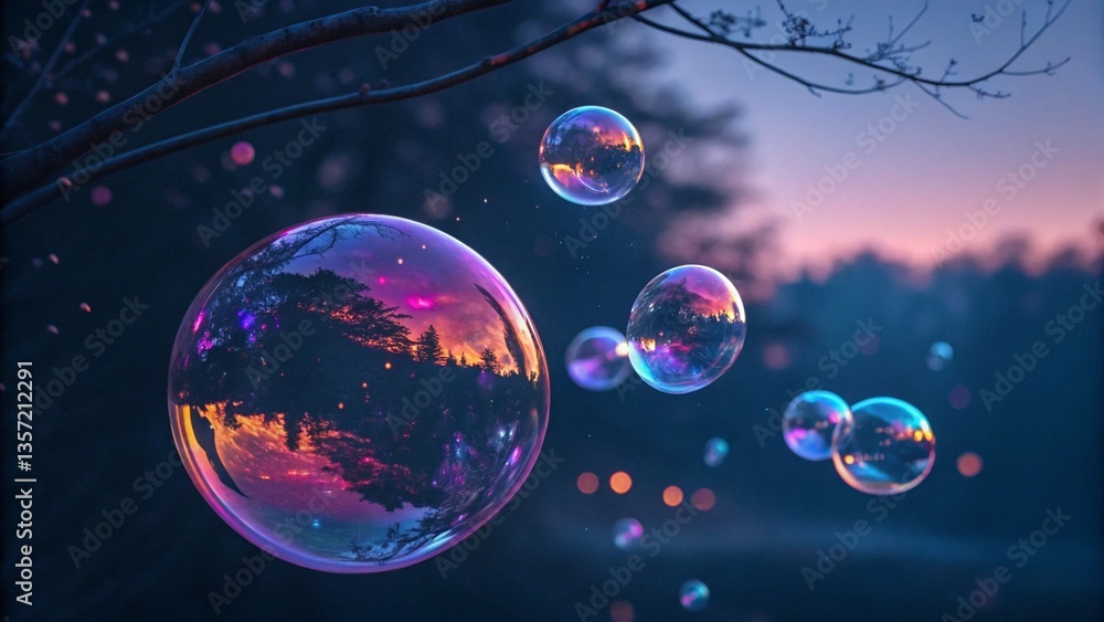Poster abstract spheres with a reflective sheen. iridescent bubbles float in a dark space, reflecting vibra