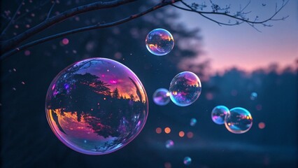 Naklejka premium Abstract spheres with a reflective sheen. Iridescent bubbles float in a dark space, reflecting vibrant colors. Graphical resource for design and downstream advertisement purposes