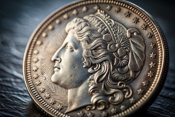 Close-up of a Morgan Silver Dollar Coin Design, Copy Space Left