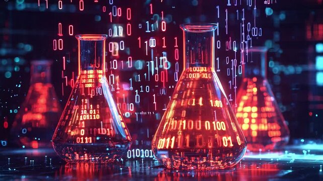 Laboratory equipment and chemistry flasks displaying dynamic data visualizations, highlighting the intersection of technology and scientific research