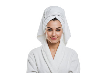 Portrait of relaxed woman in white bathrobe and towel on head standing isolated on White background PNG transparent background